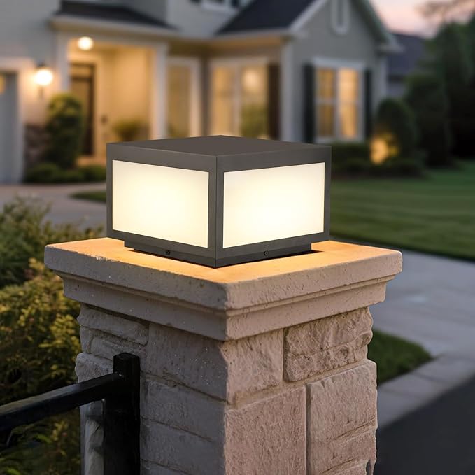 Outdoor Modern Post Light Hard Wired Pillar Lights Square Post Column Caps Lamp for Flat Surface Stainless Steel Fence Deck Cap Lantern Lighting for Patio Garden Driveways IP65 Waterproof 10x10