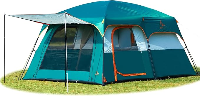 KTT Large Tent 8-10-12 PersonFamily Cabin Tents2 Rooms2 Doors and 4 Windows with MeshStraight WallWaterproofDouble LayerBig Tents for OutdoorPicnicCampingFamily Gathering