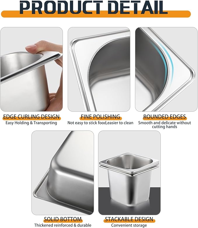 12 Pack Stainless Steel Hotel Pans with Lid 1/6 Size Steam Table Anti Clogging Steamer Restaurant Pans for Buffet Serving Commercial Catering Party 2.5'' 4'' 6'' Deep 6.9 x 6.5 Inch