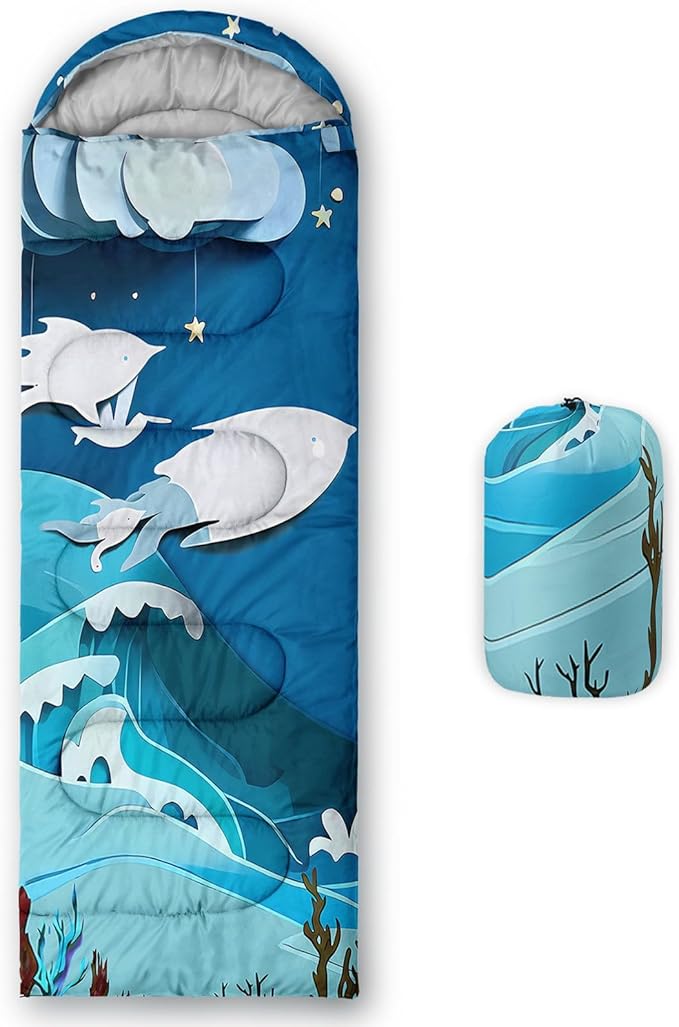 Kids Sleeping Bag for Boys GirlsCartoon Blue Unicorn Print-Lightweight Warm Portable Outdoor Indoor-Waterproof Cold Weather Resistant Sleeping Bag for Camping Hiking