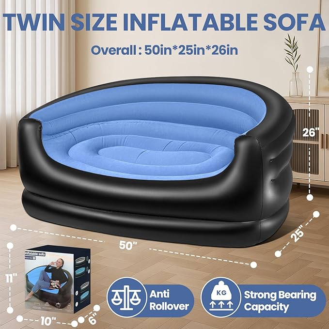 LanSuper Twin Size Inflatable Couch Blow up couch with PumpFlocked Surface Inflatable Chair for Adults Portable Air Sofa Inflatable Couch Waterproof Air CouchComfortable Blow up Couch for Camping