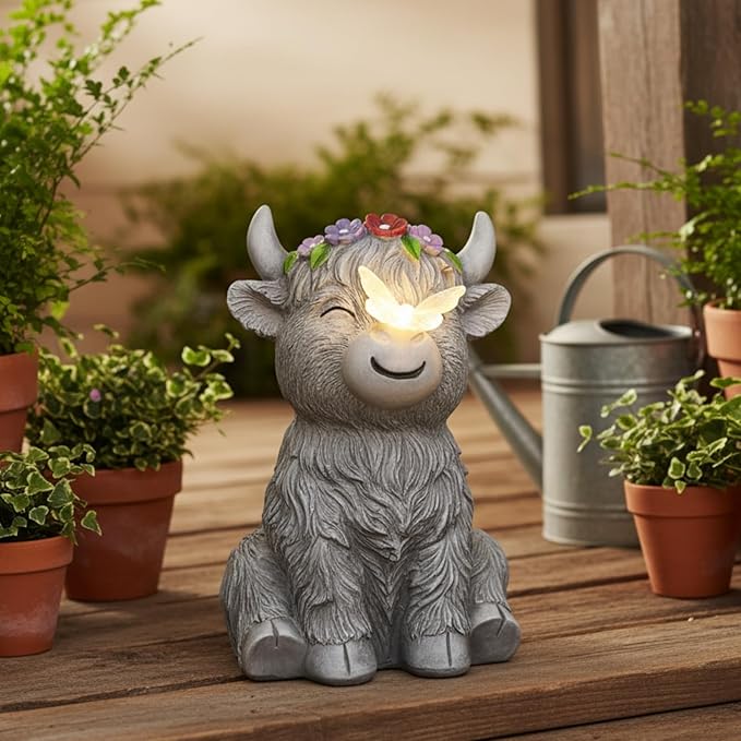 Solar Highland Cow Garden Statue with Glowing Butterfly Outdoor Highland Cow Decorations for Patio Yard Lawn Ornaments Gifts for Mom/Grandma Birthday Housewarming