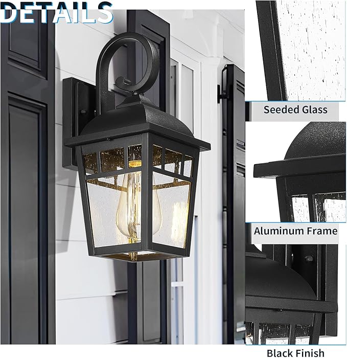 Front Porch Lights Outdoor Wall Lights Exterior Wall Sconce Matte Black Exterior Light Fixtures Waterproof Farmhouse Outdoor Lighting Fixtures for House Garage Porch Patio 2 Pack