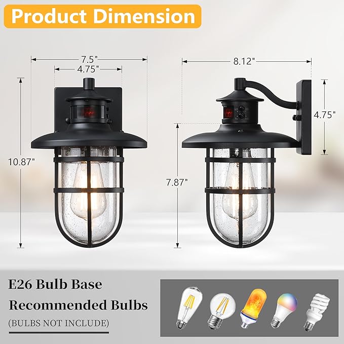 2 Pack Outdoor Wall Sconce with Motion SensorOutside Dusk to Dawn Exterior Wall MountIndustrial Anti-Rust Lantern Wall Lamp for PorchDoorwayGarageYardPatio