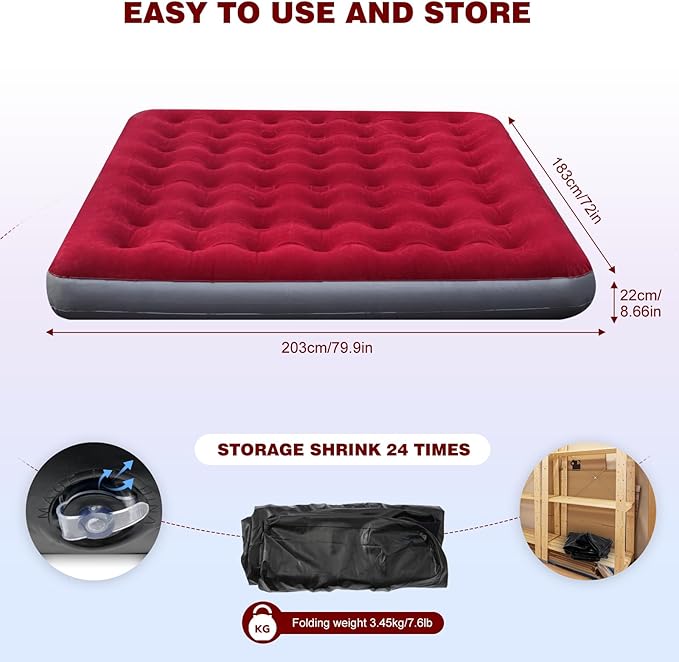 King Size Camping Air Mattress Bed with Air Pump80x 72Thickened Portable Blow Up Inflatable Air MattressTravel Sleeping Bed Pad for Camping Home Hiking