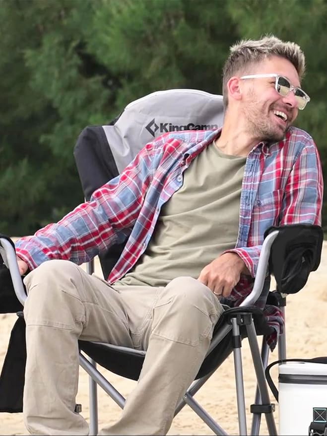 KingCamp Folding Portable Camping Chairs Oversized Padded Quad Arm Chair with Cooler Bag Cup Holder and Side Pocket Heavy Duty Supports 300 lbs for Outdoor Lawn Fishing Sports