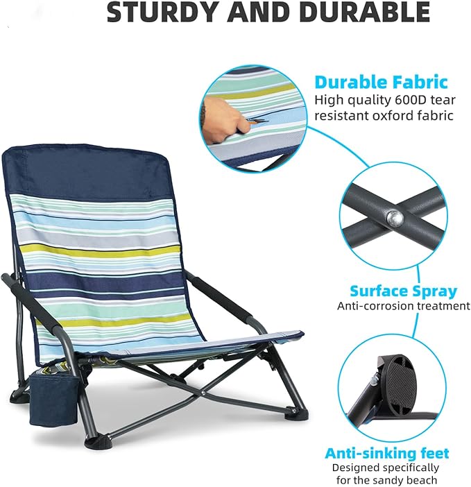 Portable Folding Beach Chair for Adults - Lightweight Low Back Sling Chair with Storage Pocket 300lbs Capacity Camping Chair for Outdoor Lawn Concert Travel (Orange-Colour Striped)