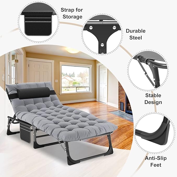 ABORON 5 Positions Camping Cots for AdultsOutdoor Folding Sleeping Cot/MatFolding Chaise Lounge Chair with PillowPortable Reclining Chair for Beach Lawn Camping PoolSunbathing Chairs