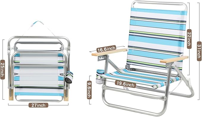 Portal 14.17 X 19.69 X 31.1 Lightweight Adjustable Hi-Back Folding Beach Chair with Cup Holder and Padded Carry Strap Blue