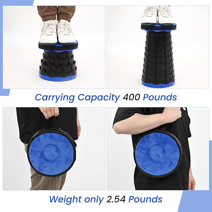 2 Pack Portable Telescoping Stools Collapsible Stool with CushionRetractable Foldingstool Max Load Capacity 400lbs Portable Collapsible Stools for Camping Hiking Outdoor BBQ Black-Blue