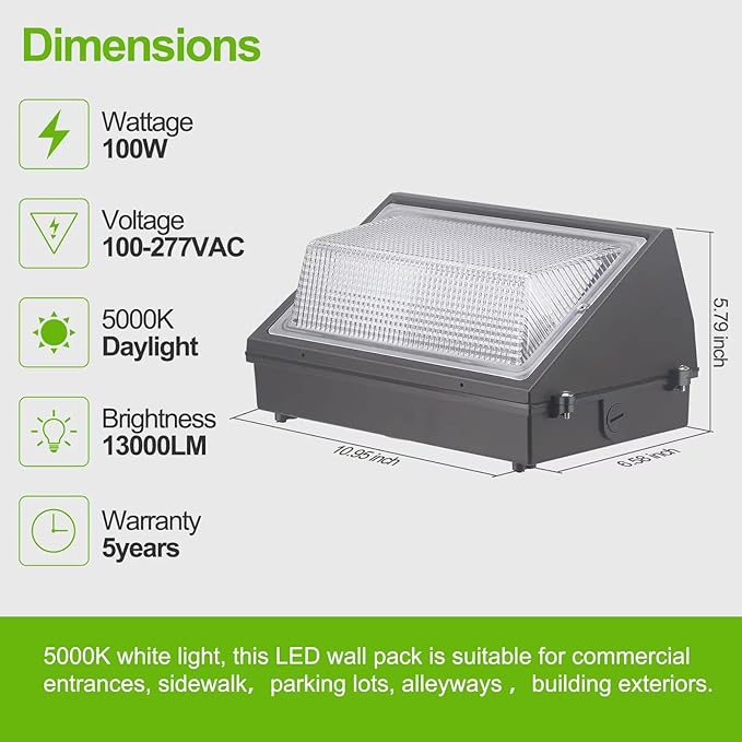 100W LED Wall Pack Dusk to Dawn 13000Lm 5000K Daylight Commercial Security Lighting400-600W MH Equivalent 100-277VETL Certified Outdoor LED Wall Pack Light for Parking Lot Doorway House