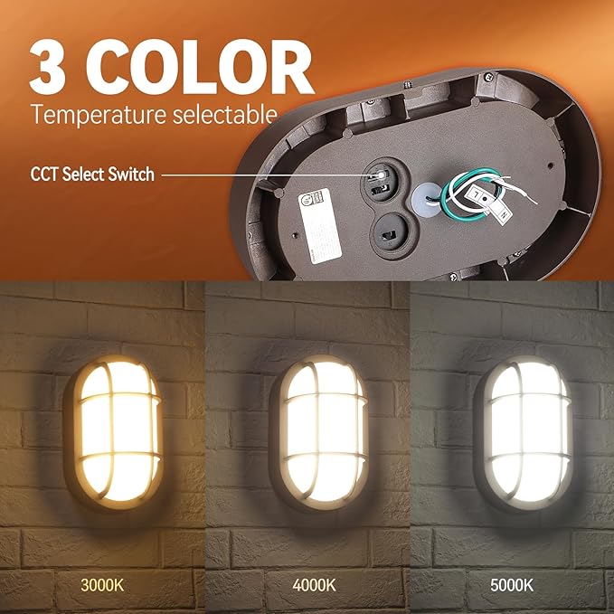LEONLITE Dusk to Dawn 10 Integrated LED Bulkhead Light 3CCT 20W/16W/12W Nautical Outdoor Lighting Auto on/Off Photocell Oval Bulkhead Wall Light 120–277V IP65 UL Listed Aluminum