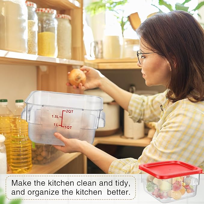 Suclain 2 Pcs Square Food Storage Container Polycarbonate Clear Food Container with Lid Commercial Rice Storage with Graduations for Commercial Kitchen(2 Qt4 QtRed)