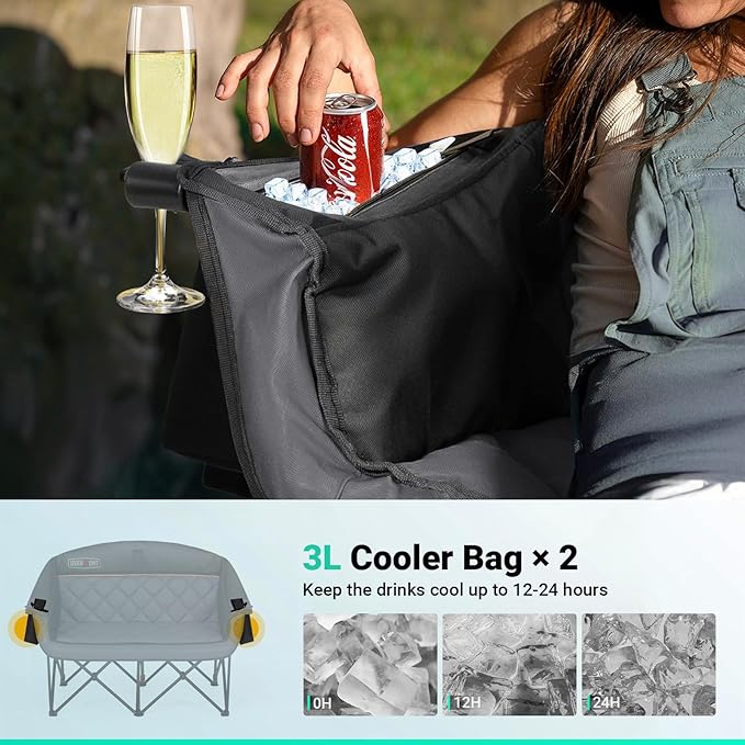 Overmont Oversized XLL Camping Chair for Adults - 850LBS Sopport Heavy-Duty Padded Folding Chair with Pocket Cup Holder Cooling Bag Wine Racks for Outdoor Sports Garden Beach Fishing Lawn Blk Loveseat