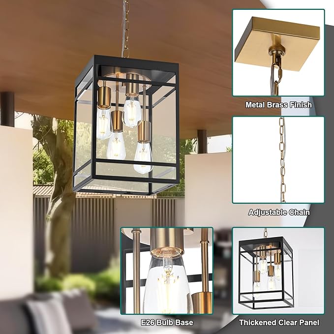 Large Outdoor Pendant Light Fixture for Porch Black Brass Outdoor Hanging Lantern Pendant Light with Clear Glass 4 Lights Exterior Porch Chandelier for Outside PatioFront DoorEnterway
