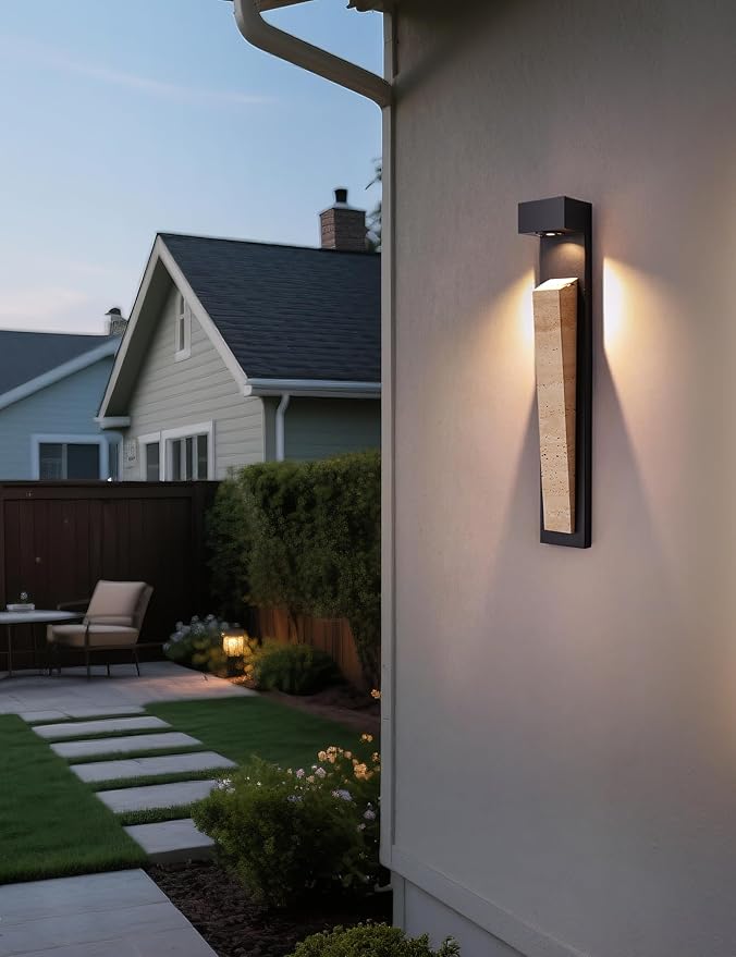 23in Outdoor Wall Lights Natural Exterior Waterproof Alabaster Wall Sconce LED Modern Matter Black Wall Lamps for Pstio Front Door Entrydoor (Indoor and Outdoor)