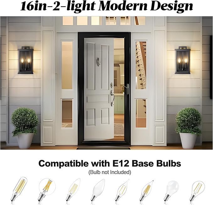 Large Outdoor Sconce Garage Lights Modern Outdoor Wall Light Exterior Wall Lantern Lights for HouseFront Porch2-Light Patio Wall Light Fixture with Thick Glass Shades E12 Waterproof 1 Pack