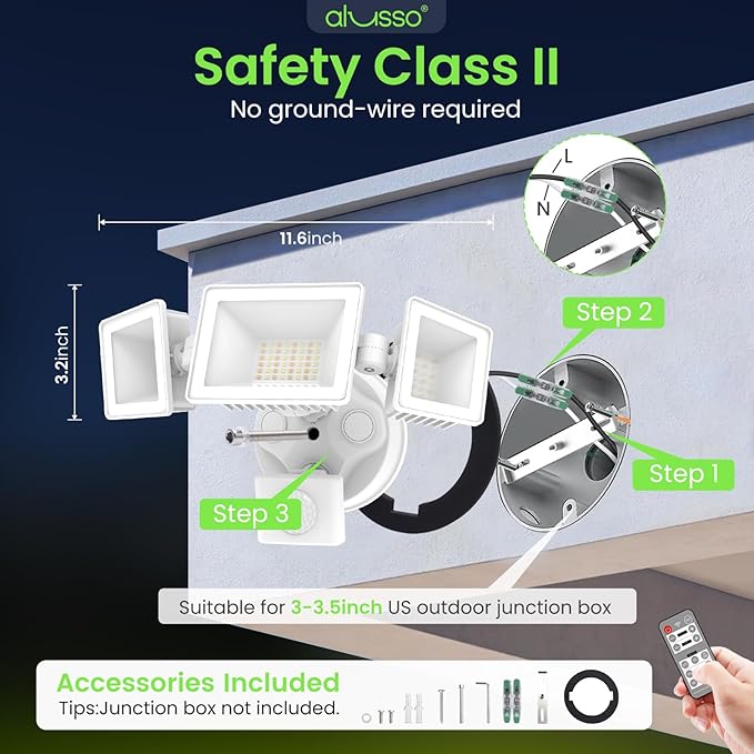 ALUSSO LED Security Lights Motion Sensor120V 36W 3000LM Flood Lights Outdoor Motion Sensor with Remote Dimmable Brightness 3000K-6000K IP65 3 Heads Outdoor Security Light for Garage YardWhite
