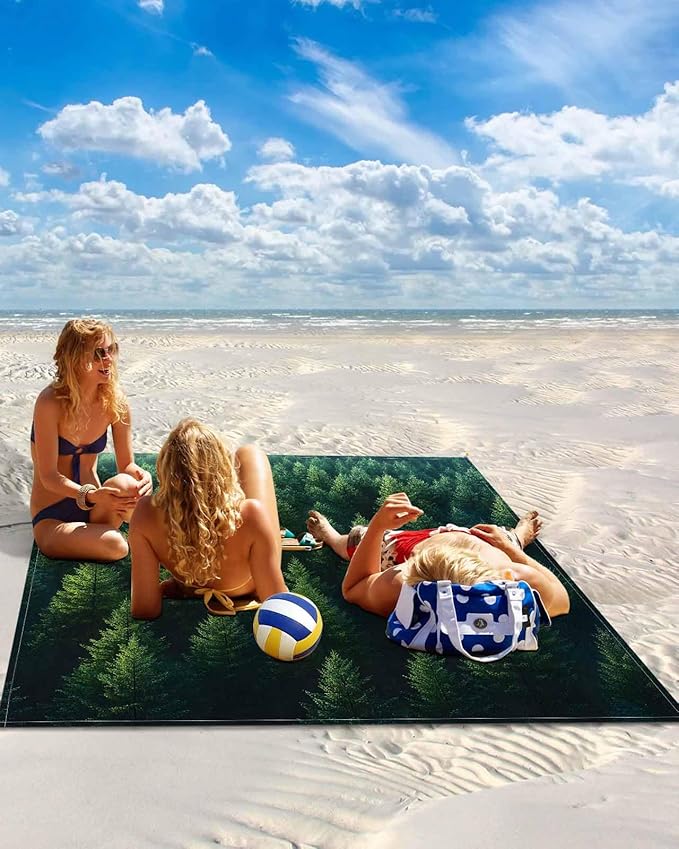 Green Forest Beach Blanket Waterproof Sandproof Pine Trees Forest Summer Landscape Beach Mat Quick Drying Outdoor Picnic Mat 108 x 84 for 1-6 Adults Essentials for Travel Camping Hiking