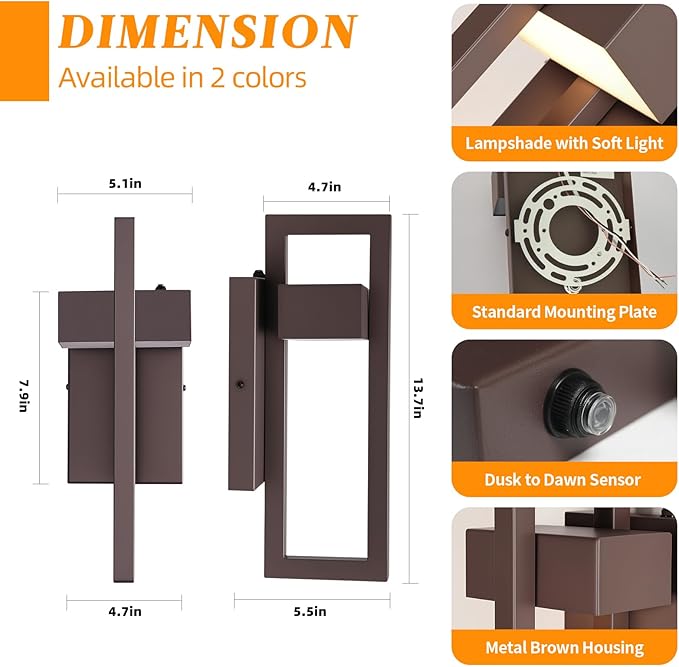tewei LED Outdoor Wall Sconce Dusk to Dawn Outdoor Lighting Modern Exterior Lighting Fixtures Brown LED Front Porch Lights Outside Wall Mount Lights for House Hallway Warm White 3000K 1 Pack