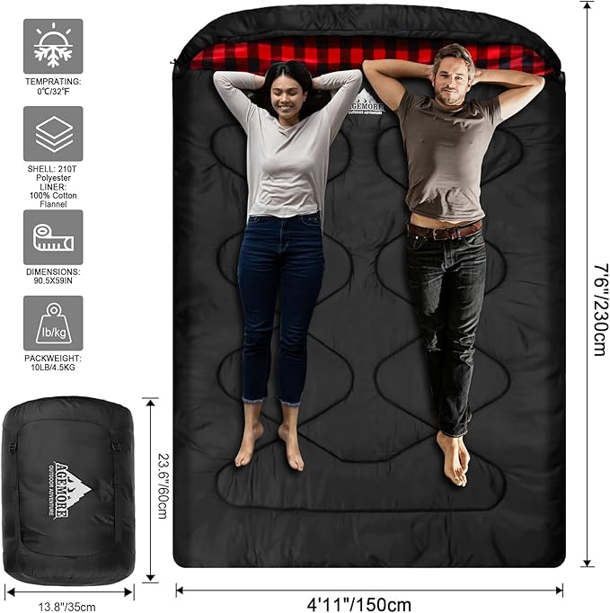 AGEMORE Cotton Flannel Double Sleeping Bags for Adults Cold Weather Waterproof Queen Size Sleeping Bag 2 Person Double Wide Warm Sleeping Bag for Family or Couples Outdoor Camping or RV Traveling