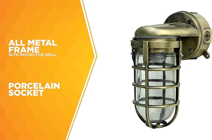 Woods L1707SVAB Traditional 100W Incandescent Weather Industrial Light Suitable for Indoor and Outdoor Use Wall Mount Metal Die Cast Construction and Tempered Glass Lens Antique Brass