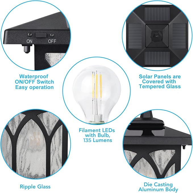 Kemeco ST4328Q-A Solar Post Light Outdoor Cast Aluminum Exterior LED Lamp Fixture for Garden Gate Yard Pole Pillar Driveway Pathway Deck