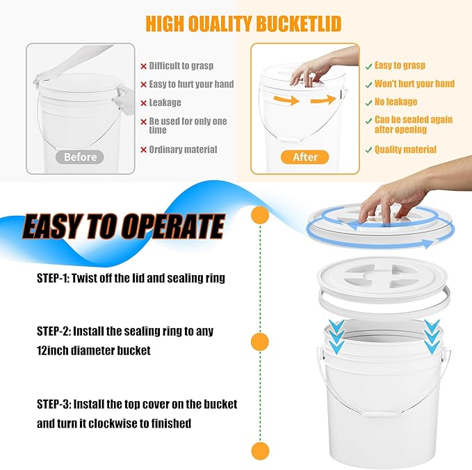 4 Pieces 5 Gallon White Bucket Lids 12inch Leak-proof Plastic Seal Screw Top Airtight Lids Reusable Drum &amp Pail Lid for Pet Food Storage Home Paint Storage and Industrial Storage Buckets
