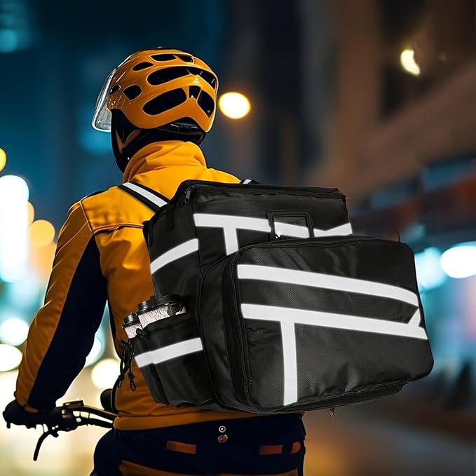 Food Delivery Backpack Expandable Insulated Pizza Bag with 4 Cup Holders Large Waterproof Catering Bag with Reflective Strip Support Boards for Delivery Bike Doordash