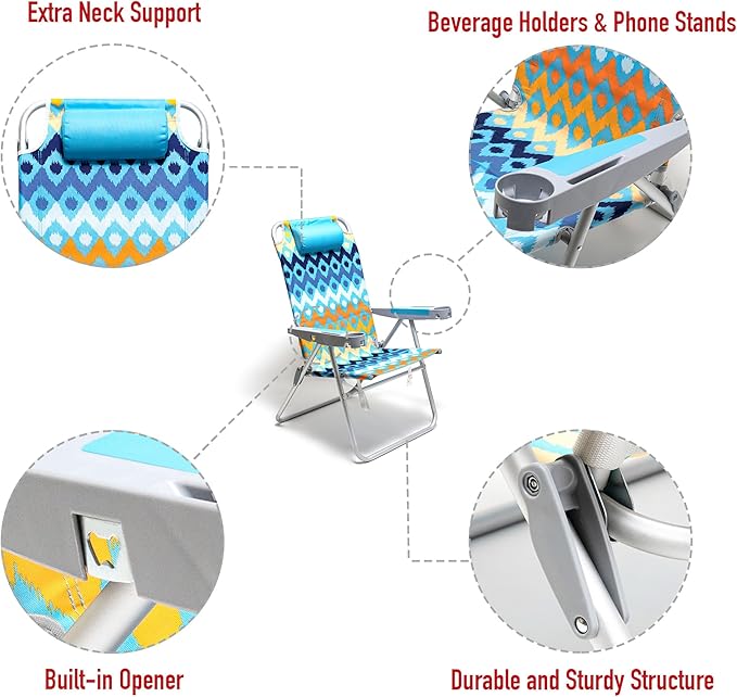SUNNYFEEL Extra Wide 28 Folding Beach Chair 5 Position Lay Flat Portable 17 Tall Camping Chair with Cup Holder for Outdoor/Lawn/Trip/Picnic Lightweight Foldable Sand Chairs for Adults (Wave)