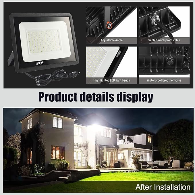 4Pack LED Flood Light Outdoor100W LED Work Light 11000lmwith 6FT US PlugIP66 Waterproof Exterior Security Lights6000K Daylight White Outside Floodlights Slim Design for Playground Yard