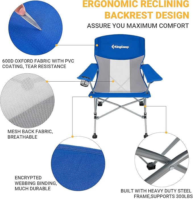 KingCamp Oversized XL Camping Chair Heavy Duty 500lbs Folding Couch for Adults Padded Large Comfortable Sofa Seat with Cooler Bag Cup Holder for Outdoor Sports Fishing Patio Lawn