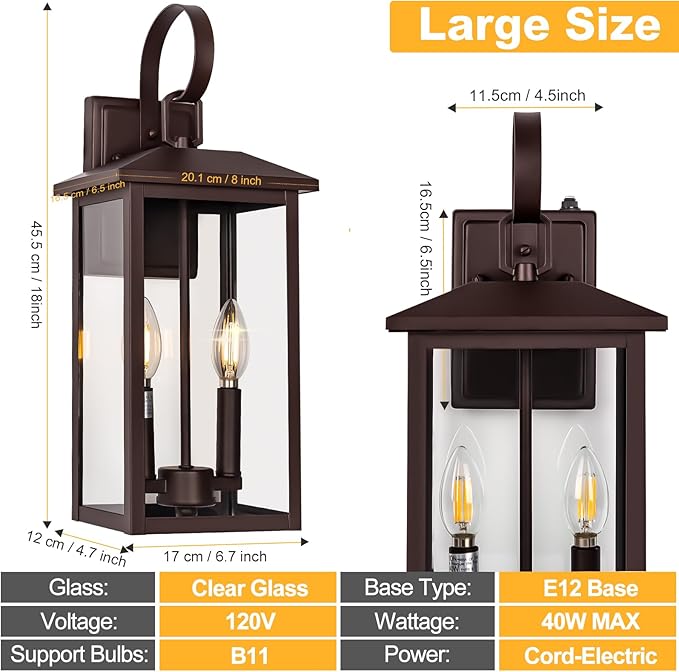 Extra Large Exterior Lighting Fixtures Bronze Dusk Till Dawn Outdoor Light Fixture 2-Light Outdoor Wall Fixture with E12 Socket 18 Porch Light Fixtures for House Garage Patio Door Backyard