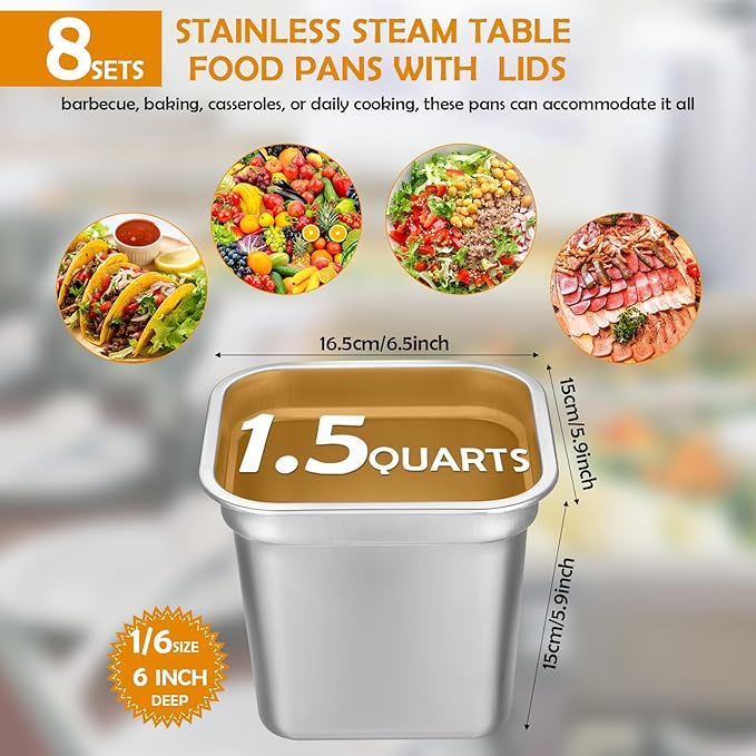 8 Pcs 1/6 Size Hotel Steam Table Pans with Lids Stainless Steel Food Containers and PP Plastic Covers Anti-clogging Steamer Pans for Buffet Catering Restaurant and Food Prep(6 Deep)