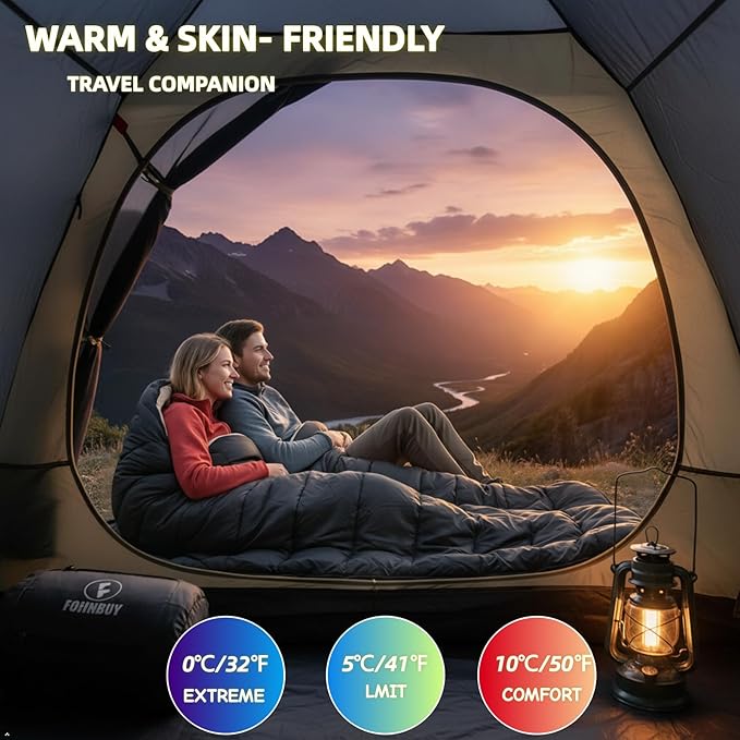 Double Sleeping Bag for Adults 3-Season Queen Size 2 Person Waterproof Sleeping Bag for Couples &amp Family Extra Soft &amp Large Camping Sleeping Bag for RV Travel Home Use (Fits Up to 6'2)