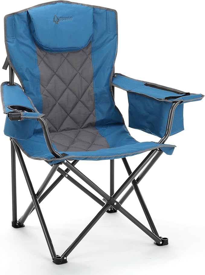ARROWHEAD OUTDOOR Deluxe Folding Camp Chair – 550lb Capacity Heavy-Duty Quad Chair with Integrated Cooler Headrest and Dual Cup Holders.