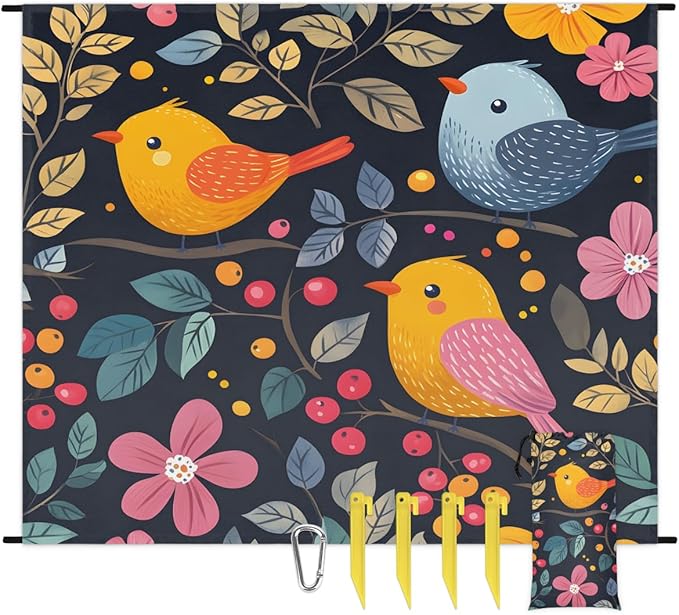 Waterproof Sandproof Beach Blanket 59''×68'' Spring Flowers &amp Birds Polyester Outdoor Picnic Blanket with 4 Stakes &amp Storage Bag for BeachCampingVacation