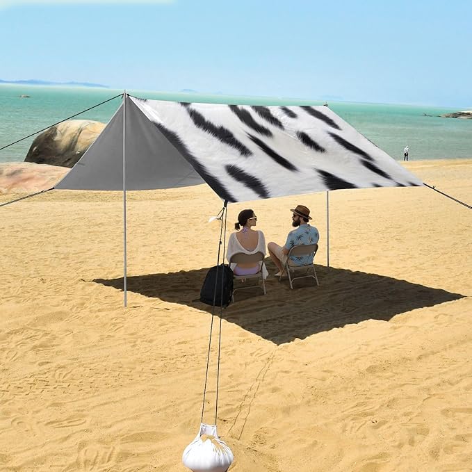Dalmatian Fur Texture Beach Tent Sun Shelter 9.2' x 10.5' Beach Canopy with 4 Sandbags 4 Stability Poles Sand Shovels - Tent Canopy for Beach Camping Fishing Picnics