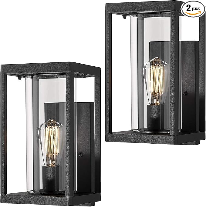 Beionxii Dusk to Dawn Outdoor Wall Lights Modern Exterior Wall Sconces Porch Lantern Black Cast Aluminum w/Clear Cylinder Glass - A291W-2PK