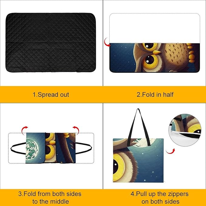 Zipper Owl and Yellow Moon Style Picnic Mat Suitable for Travel Camping Park Or Home Use