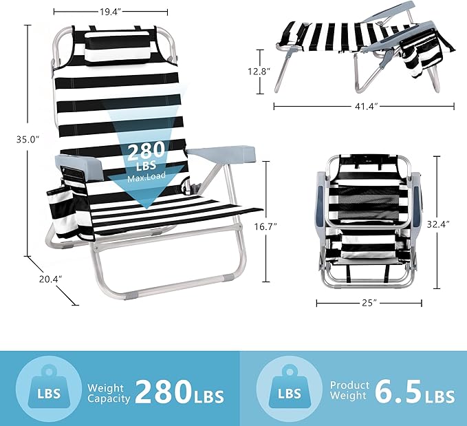 Beach Chair for Adults 5 Position Lay Flat Backpack Beach Chair with Cooler Cup Holder and Storage Bag Portable Folding Heavy Duty Beach Lounger for Outdoor Lawn Camping Festivals-Pink Stripe
