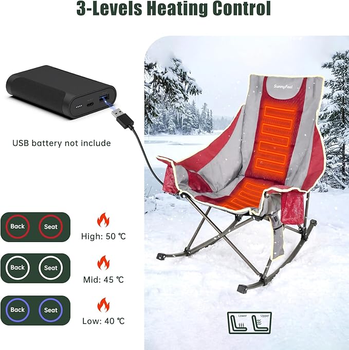 SUNNYFEEL Heated Rocking Camping Chair Fully Padded Patio Folding Chair Portable Oversized Outdoor Rocker High Back Lawn Recliner with Side Pocket Camp Rocker Chairs for Adults Heavy Duty 500 LBS Red