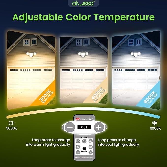 ALUSSO LED Security Lights Motion Sensor120V 36W 3000LM Flood Lights Outdoor Motion Sensor with Remote Dimmable Brightness 3000K-6000K IP65 3 Heads Outdoor Security Light for Garage YardWhite