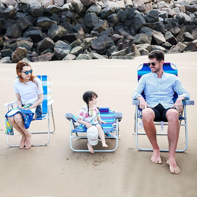 SUNNYFEEL Extra Wide 28 Low Beach Chair 5 Position Lay Flat XL Oversized Portable Folding Camping Chairs with Cup Holder for Outdoor/Trip Lightweight Foldable Backpack Beach Chair for Adults