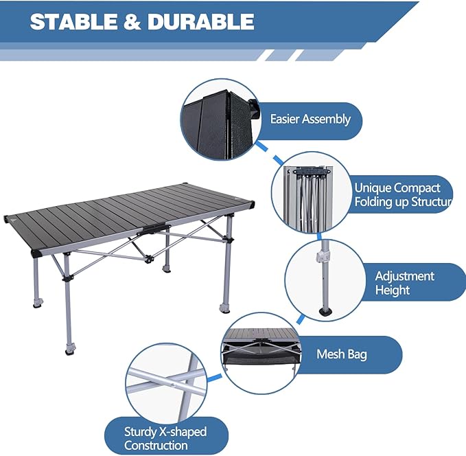 Ablazer Camping Table with Carry Bag Adjustable Height Portable Table for Outdoor Camping Picnic Beach Aluminum Picnic Roll-up Table for 4-6 Person