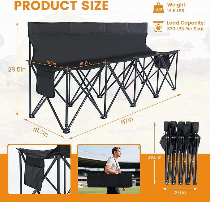 LILYPELLE Portable Bench 4 Seat Soccer Benches for Team Folding Soccer Bench Chair Sideline Benches Camping Chairs for Football Camp Sport Events Outdoor Seating with Carry Bag 2Pack