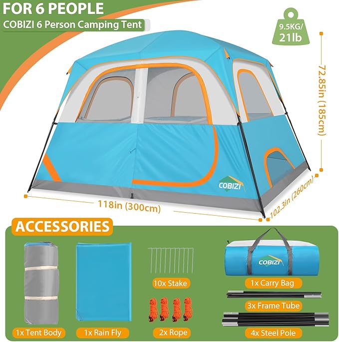 COBIZI Tents for Camping 4/6 Person Camping Tent with Rainfly and Screen Easy Setup Lightweight Portable Waterproof Outdoor Tent with Carry Bag for Backpacking Hiking Family Travel