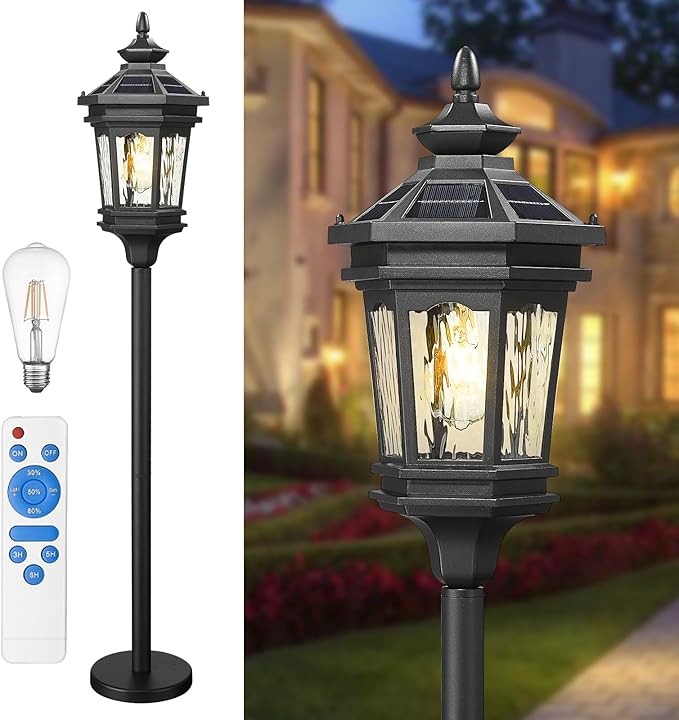 Darkaway Solar Post Light Outside Floor Lamp with Remote Control Waterproof Outdoor Solar Lighting with Water Ripple Glass Shade for Lawn Pool Garden