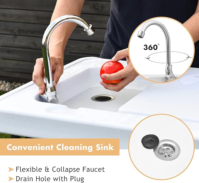 Goplus Folding Fish Cleaning Table with Sink and Spray Nozzle Heavy Duty Fillet Table with Hose Hook Up and Faucet Portable Outdoor Camping Sink Station for Dock Beach Patio Picnic