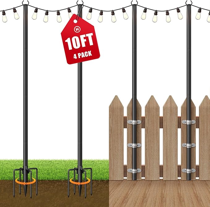 4 Pack String Light Poles for Outside 10Ft Adjustable Outdoor Light Poles for String Lights Outdoor Lighting Stand with Fork for Patio Deck Backyard Garden Party &amp Wedding